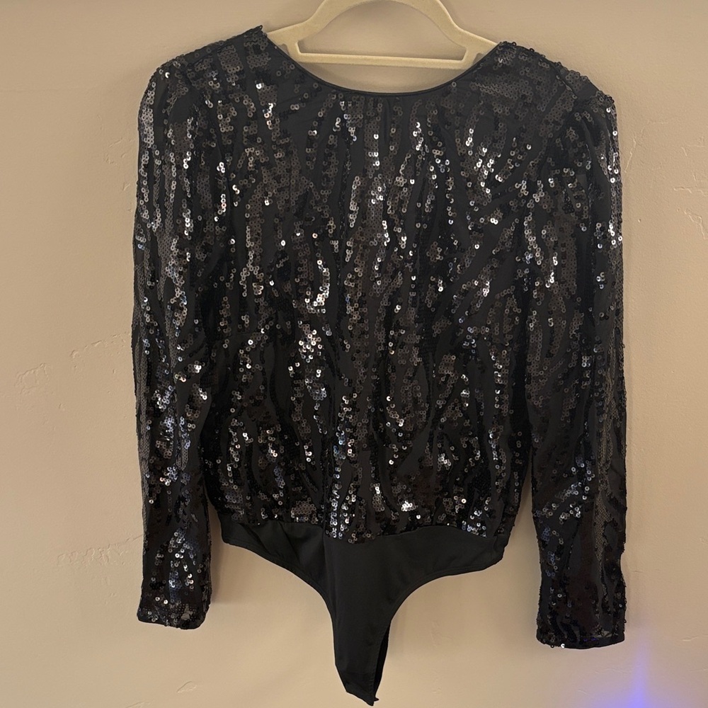 Black Sequin Long-Sleeve Bodysuit - Women's Party Top With Open Back Size M
